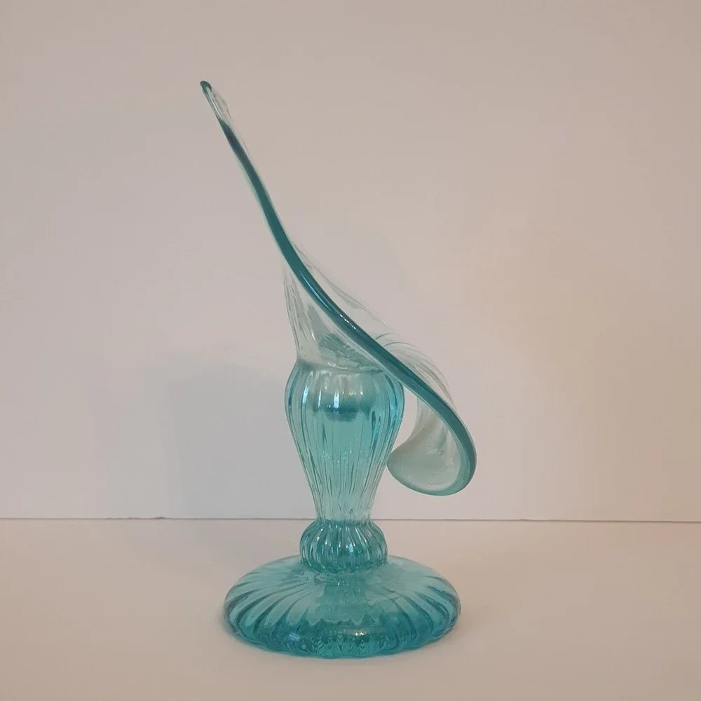 Vintage Jack in the Pulpit Candleholder Iridescent Aqua Glass Hand Blown Signed